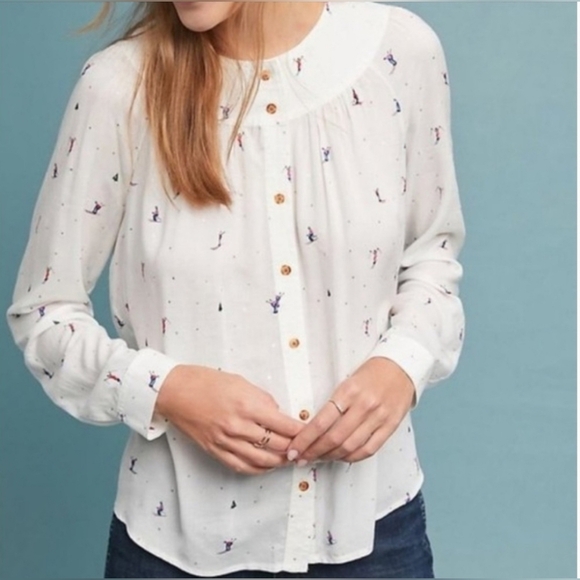 Anthropologie Tops - Anthropologie 23 of 52 Conversations Novelty Ski Winter Scene Button Up Blouse